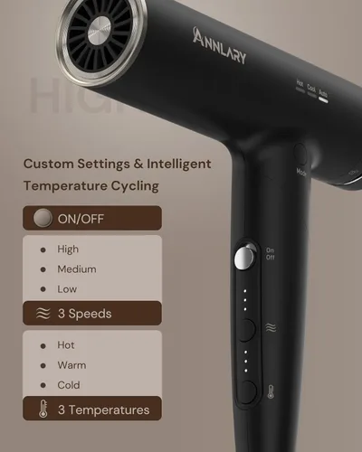 Miniatura 7 de ANNLARY Secador de pelo de iones de plasma con difusor para cabello rizado, secador profesional de alta velocidad de 110000 RPM con iones de plasma