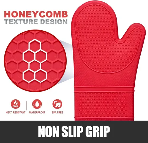Miniatura 3 de Rorecay Juego de 6 manoplas y soportes para ollas para cocina, guantes de horno de silicona extra largos resistentes al calor de 500 grados, Rojo