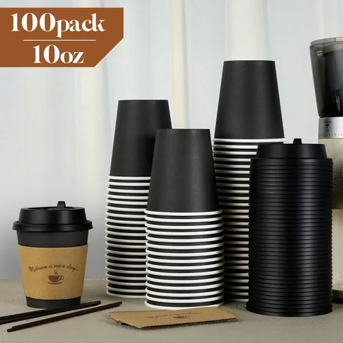 Miniatura 3 de LITOPAK Paquete de 100 tazas de papel para café de 10 oz, tazas desechables negras con tapas, mangas y palillos para remover para bebidas de 10 oz