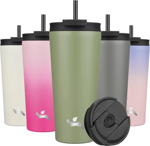 Miniatura 26 de Konokyo Vaso aislado de 18 onzas con tapa y 2 pajillas, botella de agua de acero inoxidable, taza de viaje al vacío, taza de café, color blanco ángel