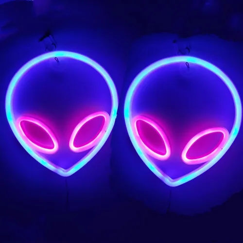 Miniatura 11 de Letrero de neón con cabeza de alienígena, 1 unidad, luz de neón de alienígena verde y morado, USB o 3 pilas AA, divertido letrero de neón iluminado