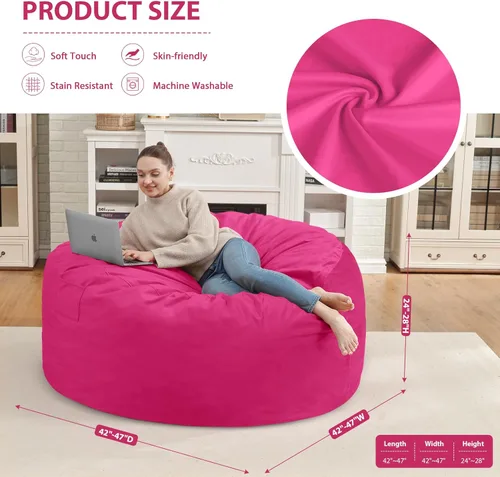 Miniatura 140 de Puf de 5 pies, puf grande con relleno de espuma viscoelástica, sofá puff esponjoso con funda de terciopelo holandés, puf redondo para sala de estar
