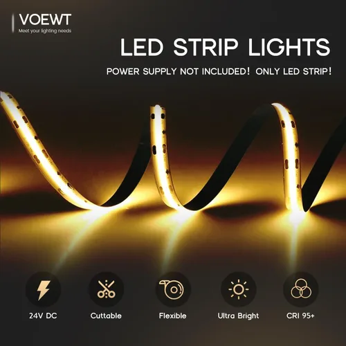 Miniatura 2 de COB - Tira de luces LED de color blanco cálido, 3000 K, 16.4 pies, 12 V, alto CRI 95Ra+, súper brillante, cinta de luces flexibles para dormitorio