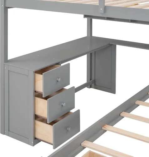 Miniatura 7 de RUNNA Litera matrimonial sobre individual con escritorio, cajones y escaleras, litera de madera maciza para niños, niñas, adolescentes y adultos