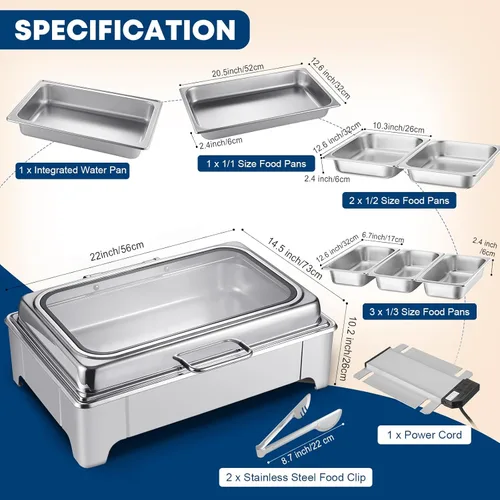 Miniatura 6 de Juego de servidor de platos de cocina eléctrico para bufé, bandejas de alimentos de acero inoxidable de tamaño completo y mediano y de tres