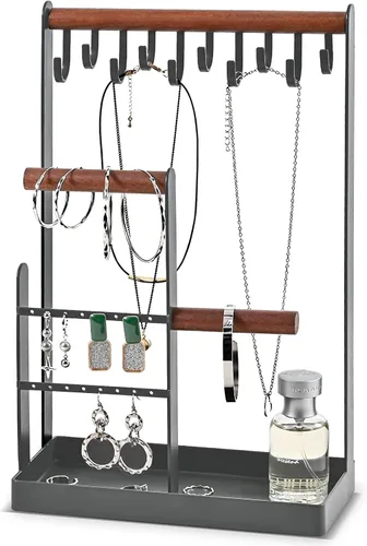 ProCase Soporte organizador de joyas, soporte para collares, estante de torre de joyería de 4 niveles con bandeja para pendientes y agujeros, 10