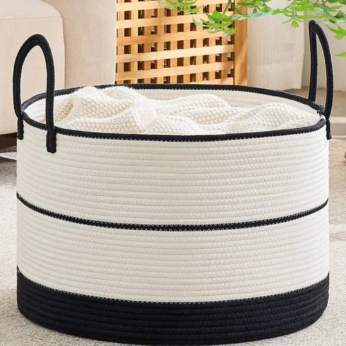 Miniatura 11 de KAKAMAY Cesta grande para manta (20 x 13 pulgadas), cestas tejidas para almacenamiento de ropa sucia de bebé, canasta de manta de cuerda de algodón