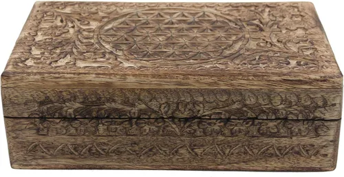 Miniatura 4 de DharmaObjects Caja de almacenamiento de madera tallada a mano con flores de la vida (natural, grande)