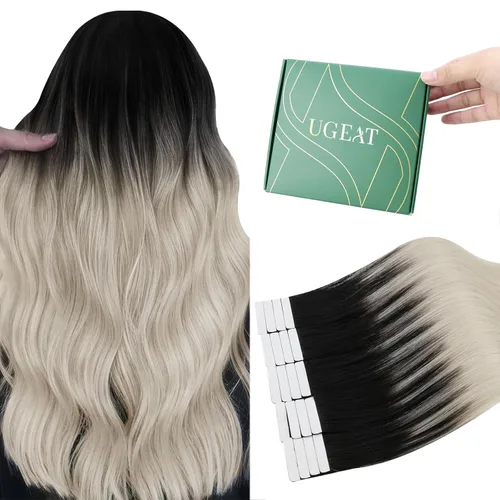 Miniatura 17 de Ugeat - Extensiones de cabello humano con cinta adhesiva, color marrón, extensiones de cabello humano, color marrón oscuro a rubio caramelo, Cinta