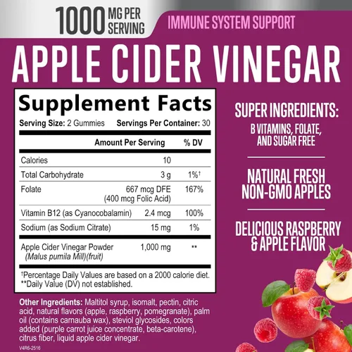 Miniatura 2 de Gomitas de vinagre de sidra de manzana, 1000 mg por porción, suplemento de vitaminas ACV de máxima fuerza sin azúcar, fórmula avanzada, vitamina B12