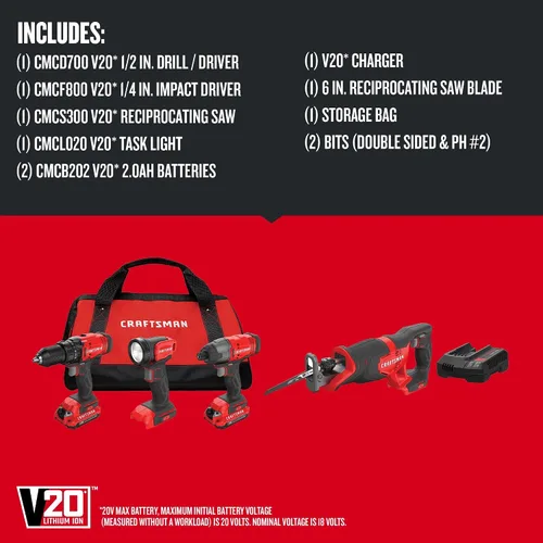 Miniatura 3 de CRAFTSMAN V20 Kit combinado de herramientas eléctricas inalámbricas de 4 herramientas con 2 baterías y cargador (CMCK400D2)