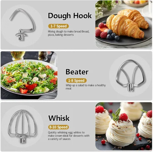 Miniatura 3 de Vezzio Batidora de pedestal con cabezal inclinable, 10 velocidades, de 6 cuartos de galón, mezclador de cocina para alimentos con tazón de acero