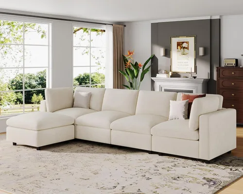 Miniatura 32 de VANOMi Sofá modular, cómodo sofá con marco de madera maciza de 3 asientos, sofá moderno certificado FSC para sala de estar, beige