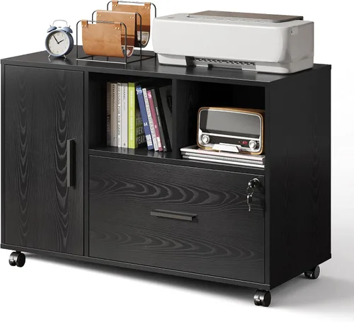 DEVAISE - Archivador de oficina con cerradura, archivador lateral de madera con 1 cajón y ruedas, soporte para impresora con estantes de Negro