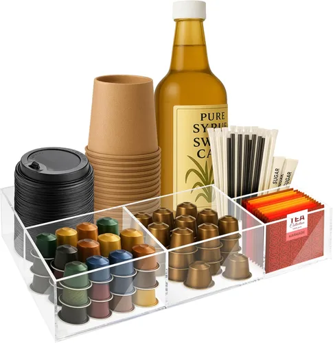 Miniatura 12 de Organizador de Barra de Café para Encimera – Caddy de Estación de Café de Madera con Compartimentos para Cápsulas, Condimentos, Té y Accesorios