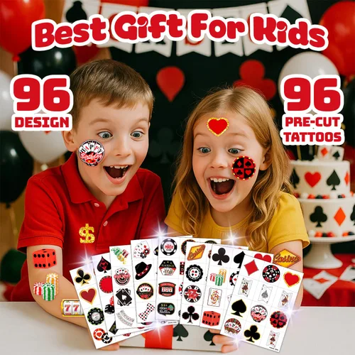 Miniatura 4 de 96 piezas de divertidos tatuajes temporales precortados de casino para niños, decoración de fiesta de cumpleaños, suministros de decoración, lindas