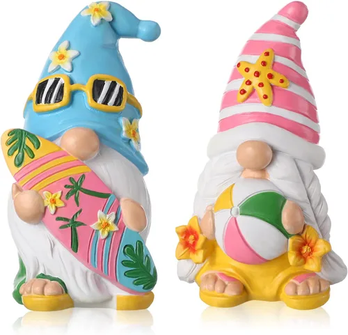 FairySandy Juego de 2 piezas de gnomos de verano, decoración de playa, mini gnomos de resina, decoración de mesa coleccionable, decoración de cocina