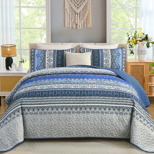 Miniatura 26 de WONGS BEDDING Juego de Colcha Morada Tamaño King, Juego de Colchas Bohemias a Rayas de 3 Piezas, Colcha Ligera de Microfibra para Todas las Púrpura