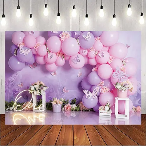 Fondo de fotografía para fiesta de cumpleaños de niña, globos rosas y morados, mariposa, país de las maravillas, baby shower, flores, fondo de
