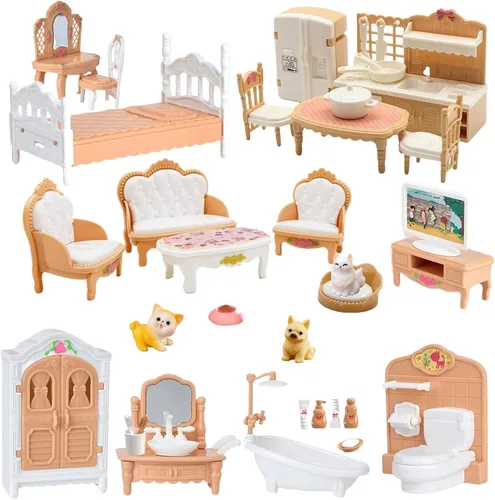 Miniatura 9 de Casa de muñecas, con sala de estar, dormitorio, baño, muebles de cocina, casa de muñecas de doble cara con 1 muñeca, 3 juegos de ropa, luces