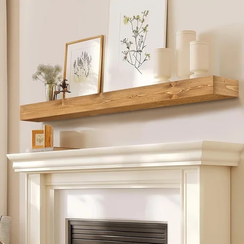 Miniatura 30 de Repisa de chimenea de 48 pulgadas, madera maciza rústica hecha a mano de 3 pulgadas de grosor, estante flotante largo de pared con soporte de metal