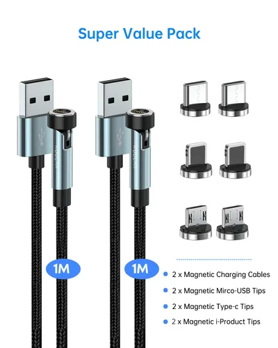 Miniatura 7 de Kuulaa Cable de carga magnético de 7 pines, cable de carga magnético giratorio 540 de 3 pies, transferencia de datos de carga rápida de 3 A, cables