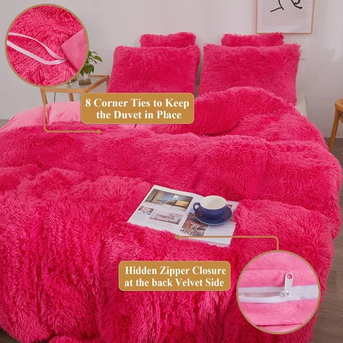 Miniatura 6 de XeGe Juego de funda de edredón de felpa peluda, juego de ropa de cama de lujo ultrasuave y esponjoso de pelo sintético de 2 piezas de terciopelo