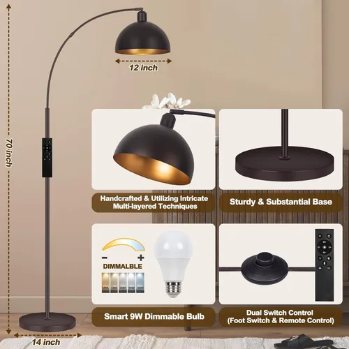 Miniatura 5 de Lámparas de pie de arco de bronce para sala de estar regulables – Lámpara de arco LED de 9W mejorada con 4 temperaturas de color, lámpara de pie