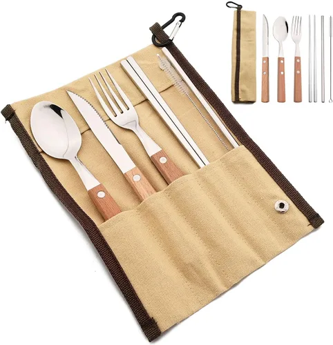 Miniatura 10 de JASHII Juego de cubiertos reutilizables de viaje, juego de cubiertos de acero inoxidable 304 con mango de madera, palillos y pajitas con diseño