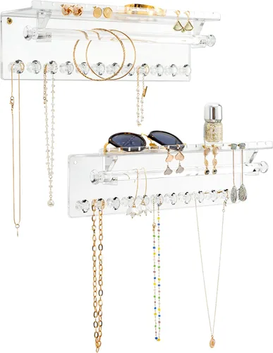 Miniatura 8 de Organizador de joyas colgante de acrílico montado en la pared con estante flotante, organizador de collar y organizador de aretes para mujeres