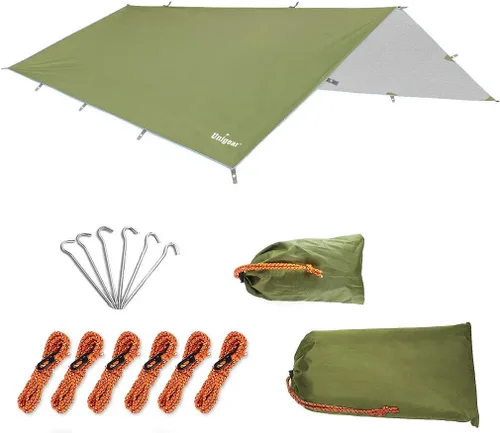 Miniatura 13 de Unigear Toldo para Hamaca contra Lluvia, Lona de Campamento de 16.5/14.4/13.1/9.8 pies, Protección UV e Impermeable y Ligera para Campamento, Marrón