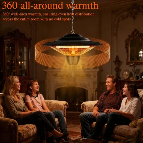 Miniatura 4 de Calentador eléctrico infrarrojo colgante, calentador montado en el techo de 1500 W para exteriores e interiores, IP34 impermeable y silencioso, sin