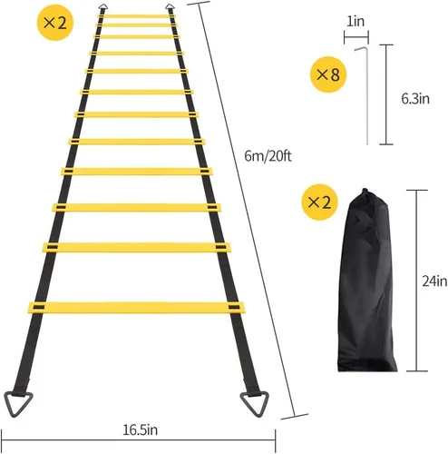 Miniatura 5 de Juego de 1/2/4 escaleras, 12 peldaños de agilidad, escalera de entrenamiento con estacas de acero y bolsa de transporte para fútbol, entrenamiento