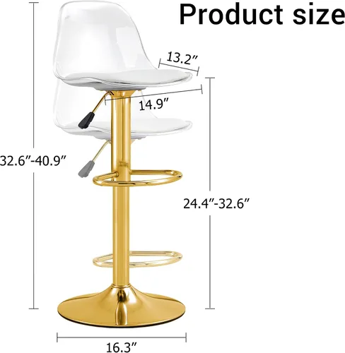 Miniatura 2 de Deolme Juego de 2 taburetes de bar modernos de acrílico transparente, taburetes de bar giratorios con respaldo transparente, 24 a 32 pulgadas