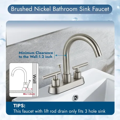 Miniatura 8 de Grifo central de lavabo de baño de 4 pulgadas, 3 agujeros, 2 asas, grifos de baño con varilla de elevación, tapón de drenaje, grifo de tocador