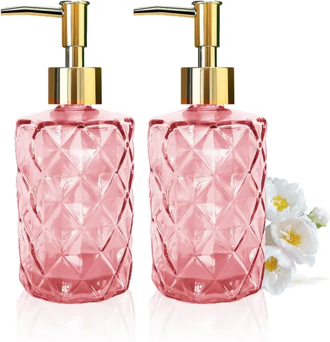 Paquete de 2 dispensadores de jabón de vidrio rosa, 11.2 fl oz/11 oz, dispensador de acondicionador de ducha de baño con bomba dorada, botella