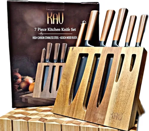 KAV - Juego de cuchillos con bloque, 7 cuchillos de cocina y varilla de afilar, juego de cuchillos de acero inoxidable en negro mate de alto