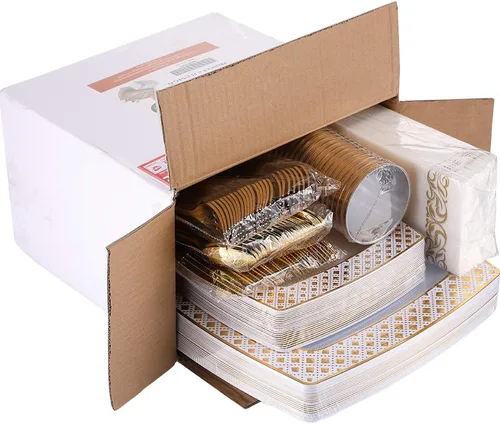 Miniatura 7 de FOCUSLINE Juego de vajilla dorada de 175 piezas para 25 invitados - Platos cuadrados de plástico con borde de diamante, incluye 25 platos Placas