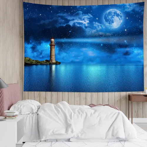 Miniatura 2 de HVEST Tapiz de luna y cielo nocturno para colgar en la pared, luna llena y galaxia estrellada con faro sobre el océano, tapiz colgante de pared
