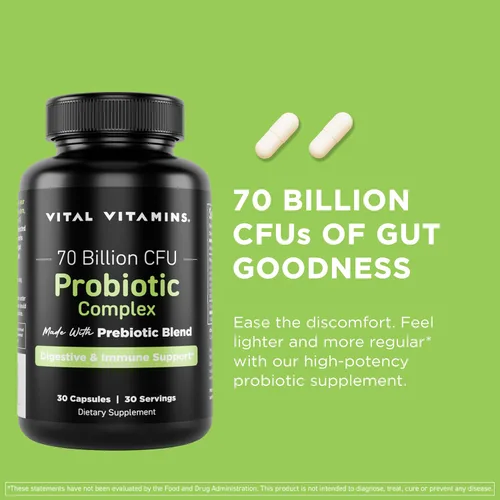 Miniatura 2 de Vital Vitamins Complejo probiótico para hombres y mujeres, 70 mil millones de UFC, fabricado con mezcla prebiótica, digestivo, salud intestinal