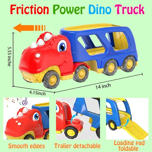 Miniatura 4 de Veslier Auto de juguete para niños de 2, 3, 4, 5 años, camión transportador de dinosaurios con 4 unidades de automóvil pequeño de dinosaurio