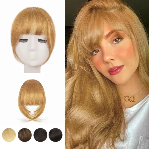 Miniatura 14 de BARSDAR Flequillo postizo de pelo humano real - Flequillo postizo 100% pelo humano para mujeres - Extensiones de flequillo ondulado castaño rojizo