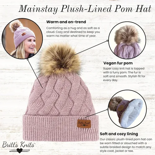 Miniatura 2 de Britt's Knits Gorro de punto cálido para mujer, con forro de felpa, pompón para clima frío