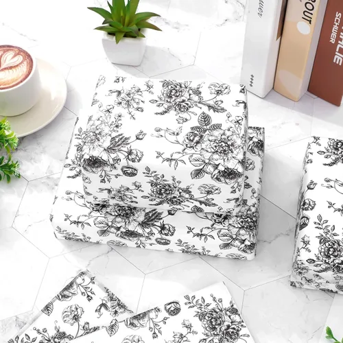 Miniatura 5 de JarThenaAMCS 100 hojas de papel de seda floral negro chinoiserie, papel de regalo de flores vintage, papel decorativo para manualidades, cumpleaños