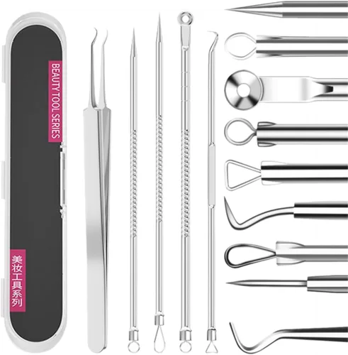 Extractor de comedones para eliminar puntos negros, herramienta de extracción de espinillas de acero inoxidable, kit de pinzas curvadas para puntos