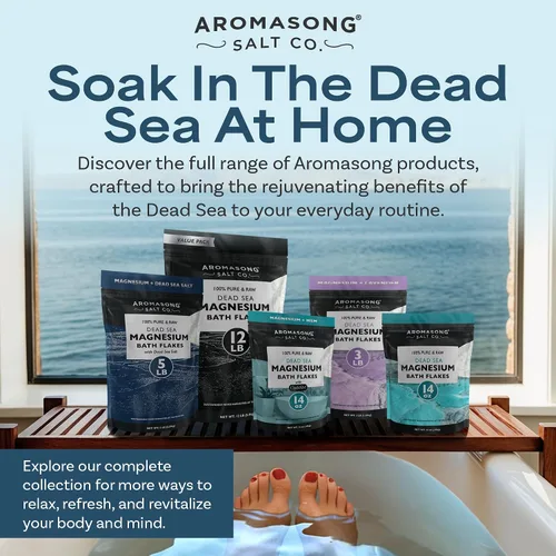 Miniatura 7 de Aromasong Copos de magnesio crudo para baño + sal del mar muerto para remojo – Paquete resellable de 5 libras de escamas de cloruro de magnesio