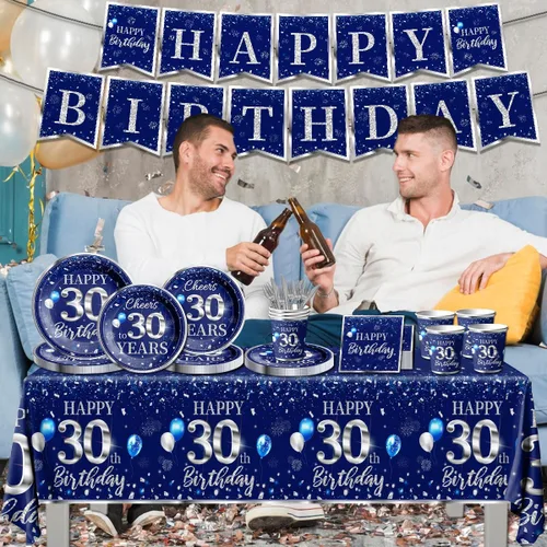 Miniatura 5 de GREHUMOR Juego de 142 piezas de cubiertos y mantel para decoración de cumpleaños número 30, plateado y azul, suministros de fiesta de cumpleaños
