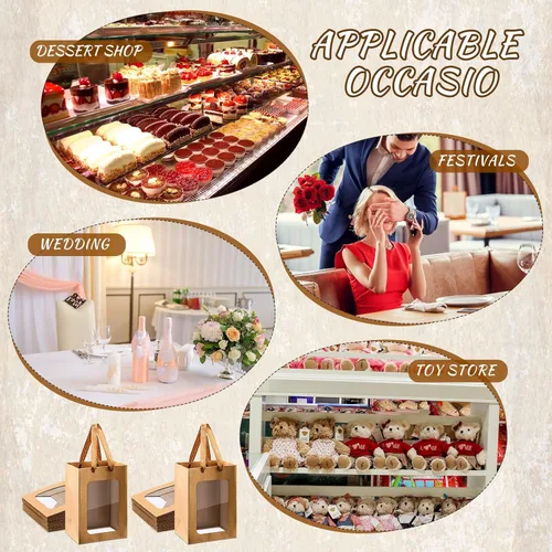 Miniatura 4 de Yexiya 15 bolsas de regalo de papel con ventana transparente, 7 x 5 x 10 pulgadas, bolsas de compras de papel kraft para bodas, cumpleaños