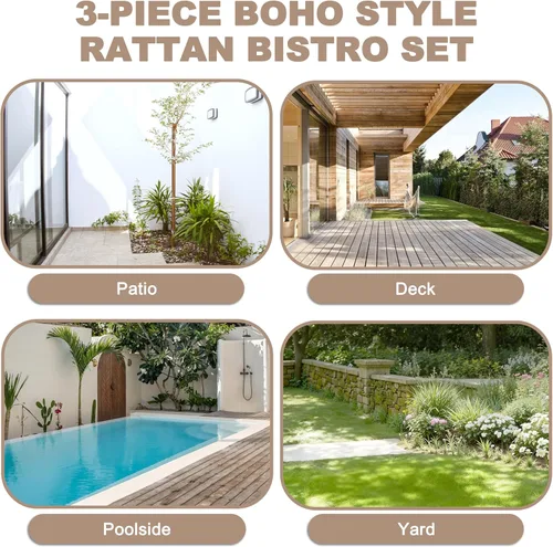 Miniatura 9 de NUU GARDEN Juego de 3 piezas para patio bistró, mesa de mimbre para exteriores y 2 sillas, muebles compactos beige para porche, patio trasero, junto