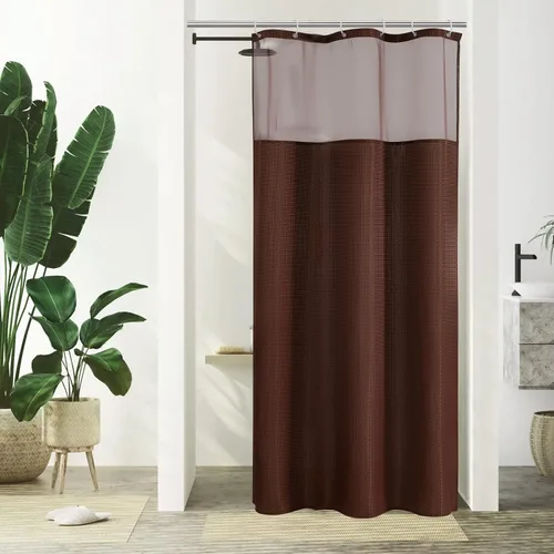 Miniatura 13 de Gibelle Juego de cortina de ducha de tejido gofre con ventana superior de malla y ganchos, cortina de ducha de tela estilo spa para baño, beige, 72